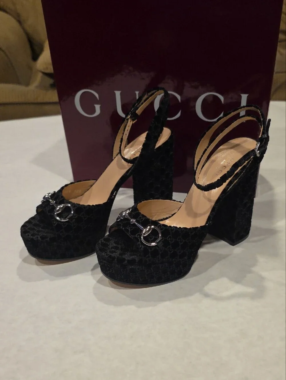 Gucci Black Velvet Platform Sandals with Silver Horsebit
